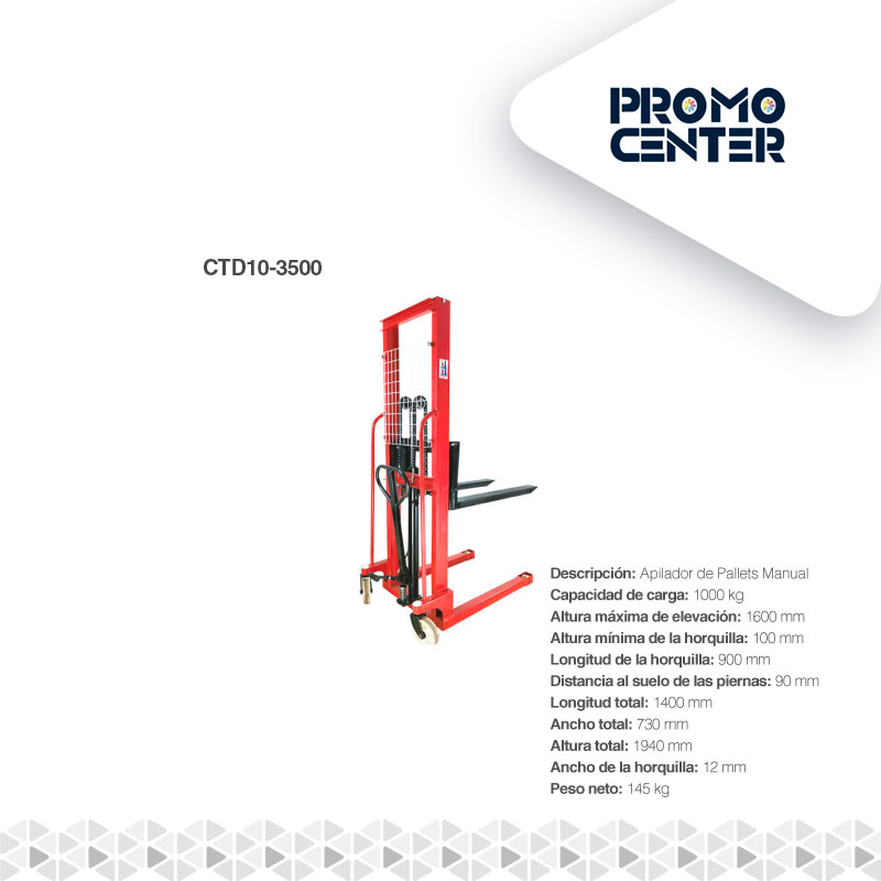 APILADOR DE PALLETS MANUAL MODELO PST-1600 Capacidad de carga: 1000 kg