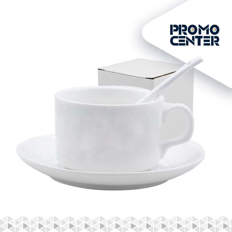 TAZA SUBLIMACION CON PLATILLO CUCHARA BLANCA 6OZ CON CAJA INDIVIDUAL
